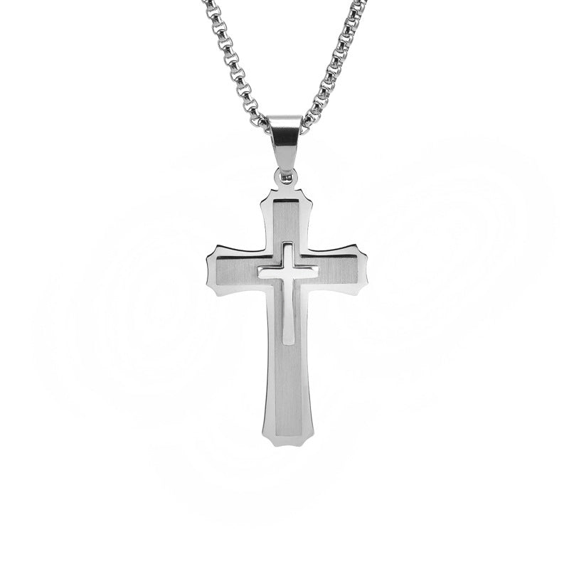 Fashion Jewelry Three-layer Two-color Stainless Steel Cross Pendant Men's Personality Titanium Steel Lettering Necklace