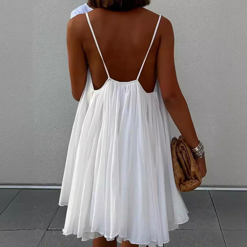 Holiday Style Loose White V-neck Halter Dress