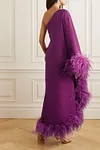 One Shoulder Feather Trimmed Crepe Gown