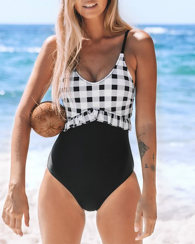 Gingham And Black Ruffle One Piece Swimsuit