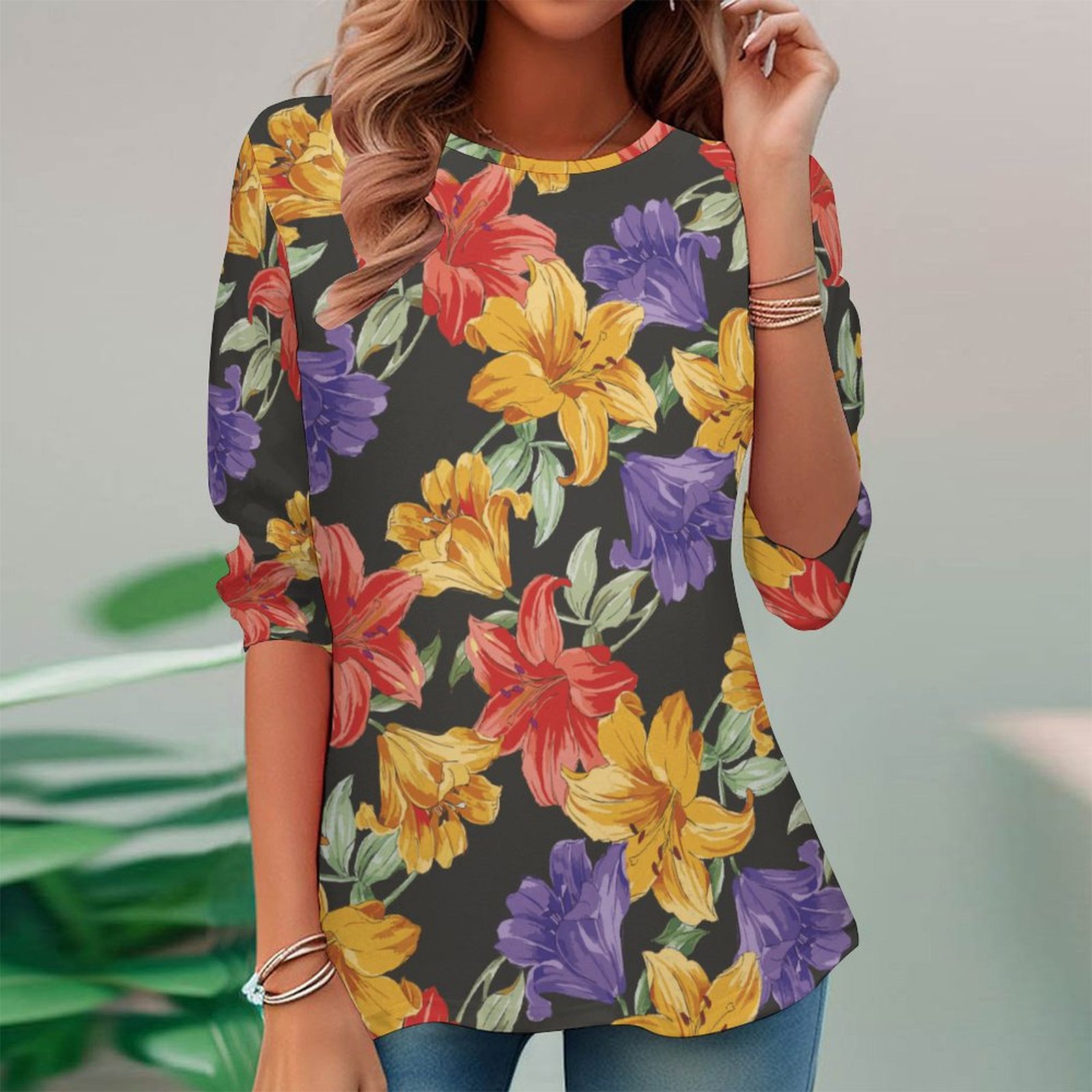 Women Long Sleeve V-neck Graphic Floral Printed Top