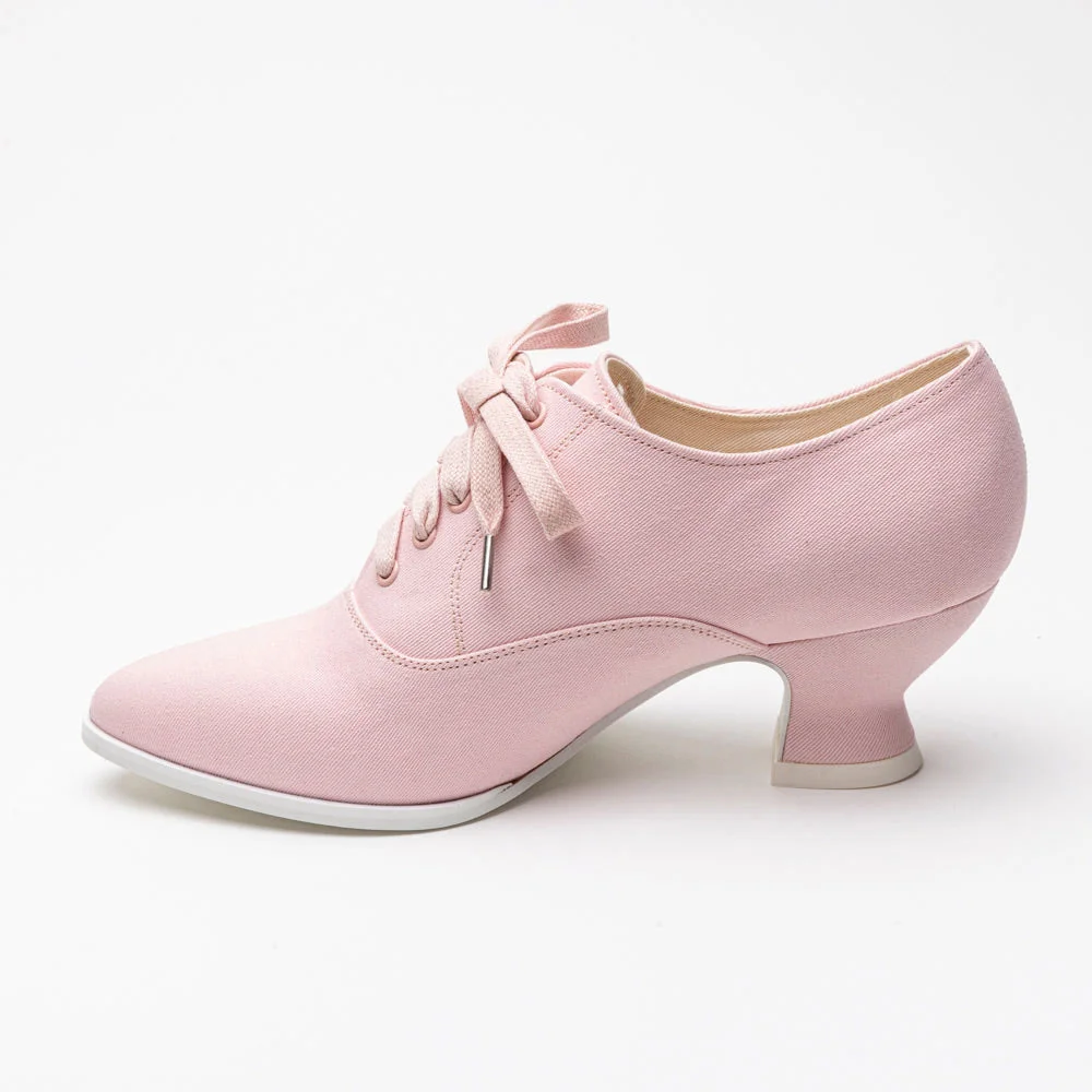 Stylish Pink Canvas Almond Toe Spool Heel Lace-Up Women's Oxfords