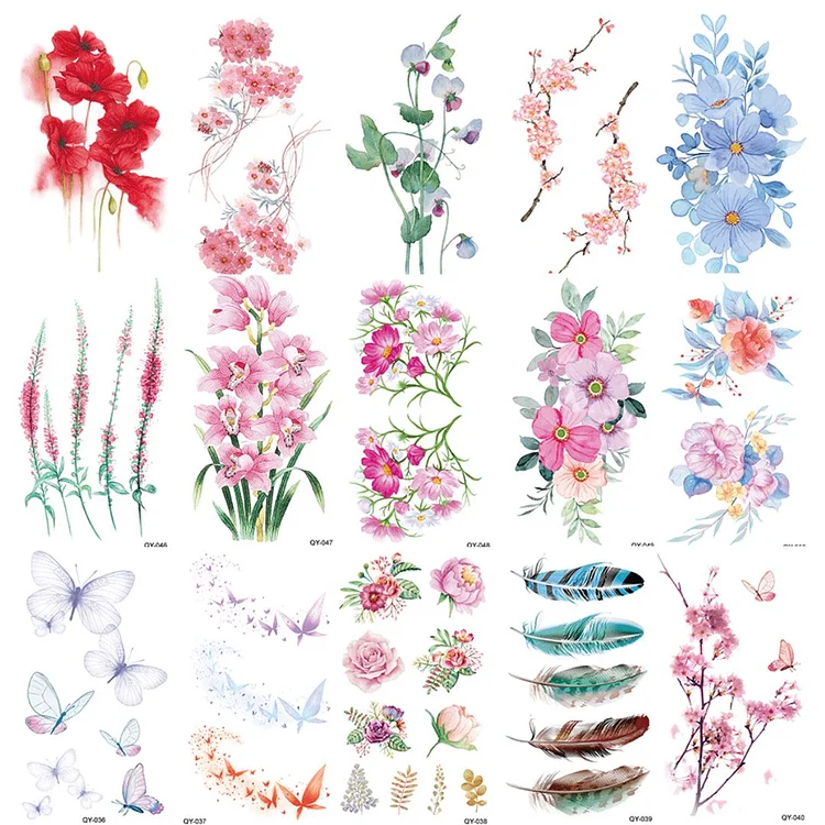 15 Sheets Small watercolor flower oriental Style Beautiful waterproof Temporary Tattoo 