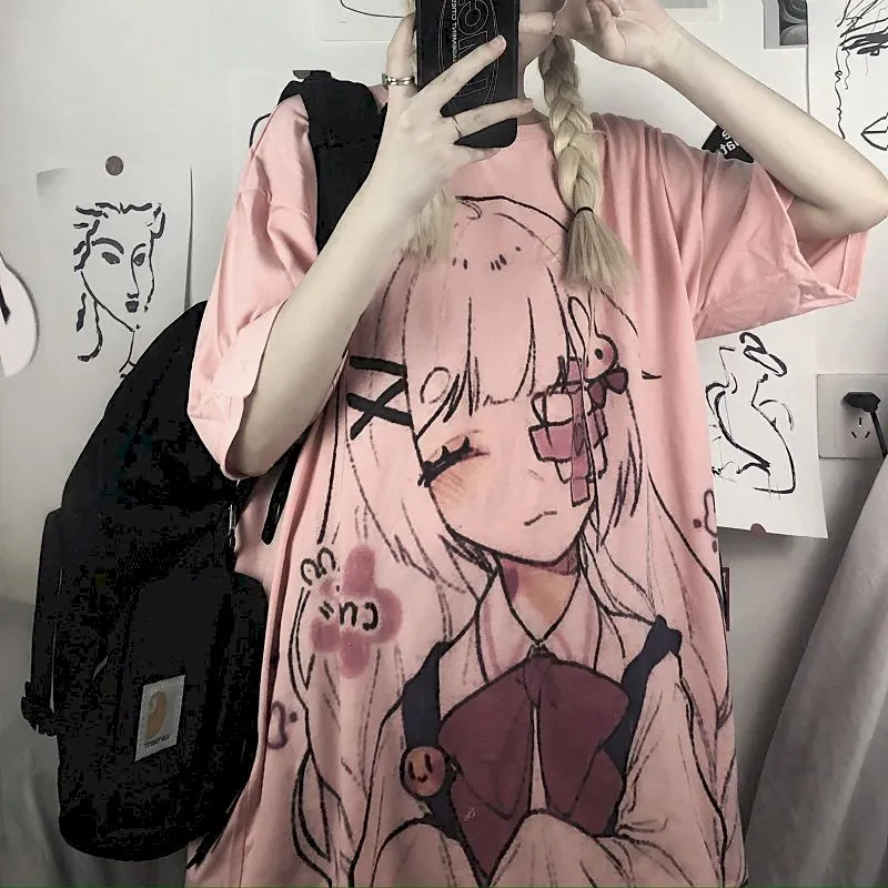 anime girl image print women tops tshirts Korean style t-shirts summer sweet fashion t shirts  preppy couple clothes o-neck tee