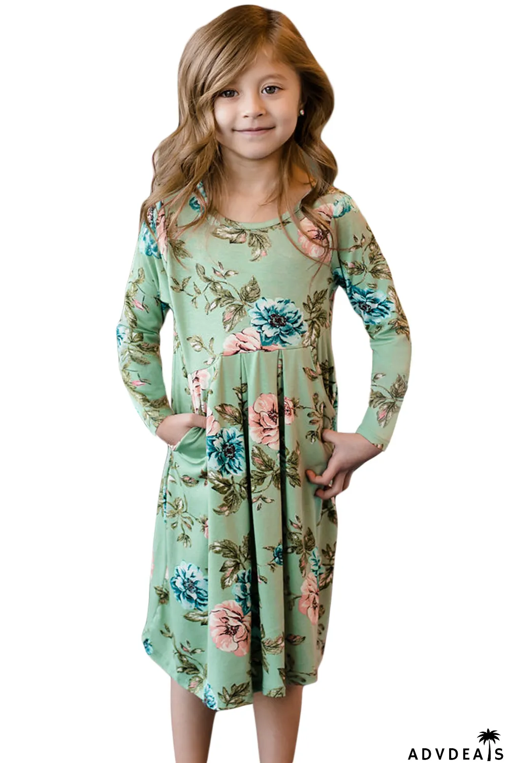 Floral Mint Swing Kids' Dress with Hidden Pockets