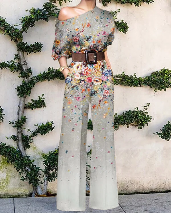 Fashion Print One Shoulder Holiday Casual Jumpsuit