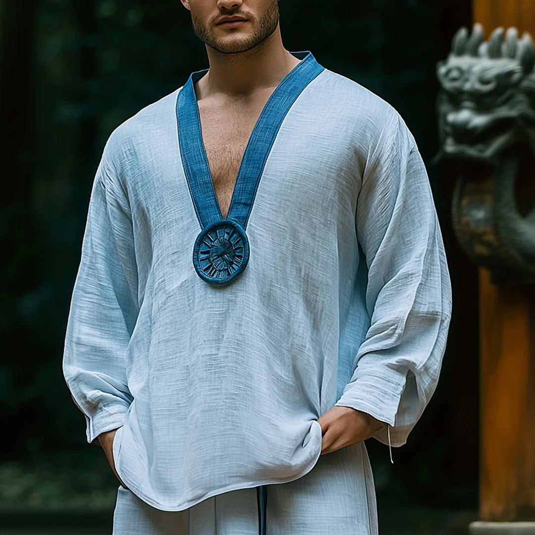 Men's Holiday Ethnic Lightweight Long Sleeve Linen Shirt-inspireuse