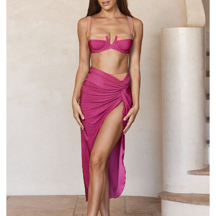 Strappy Color Block Bikini Swimsuit and Sarong Flaxmaker