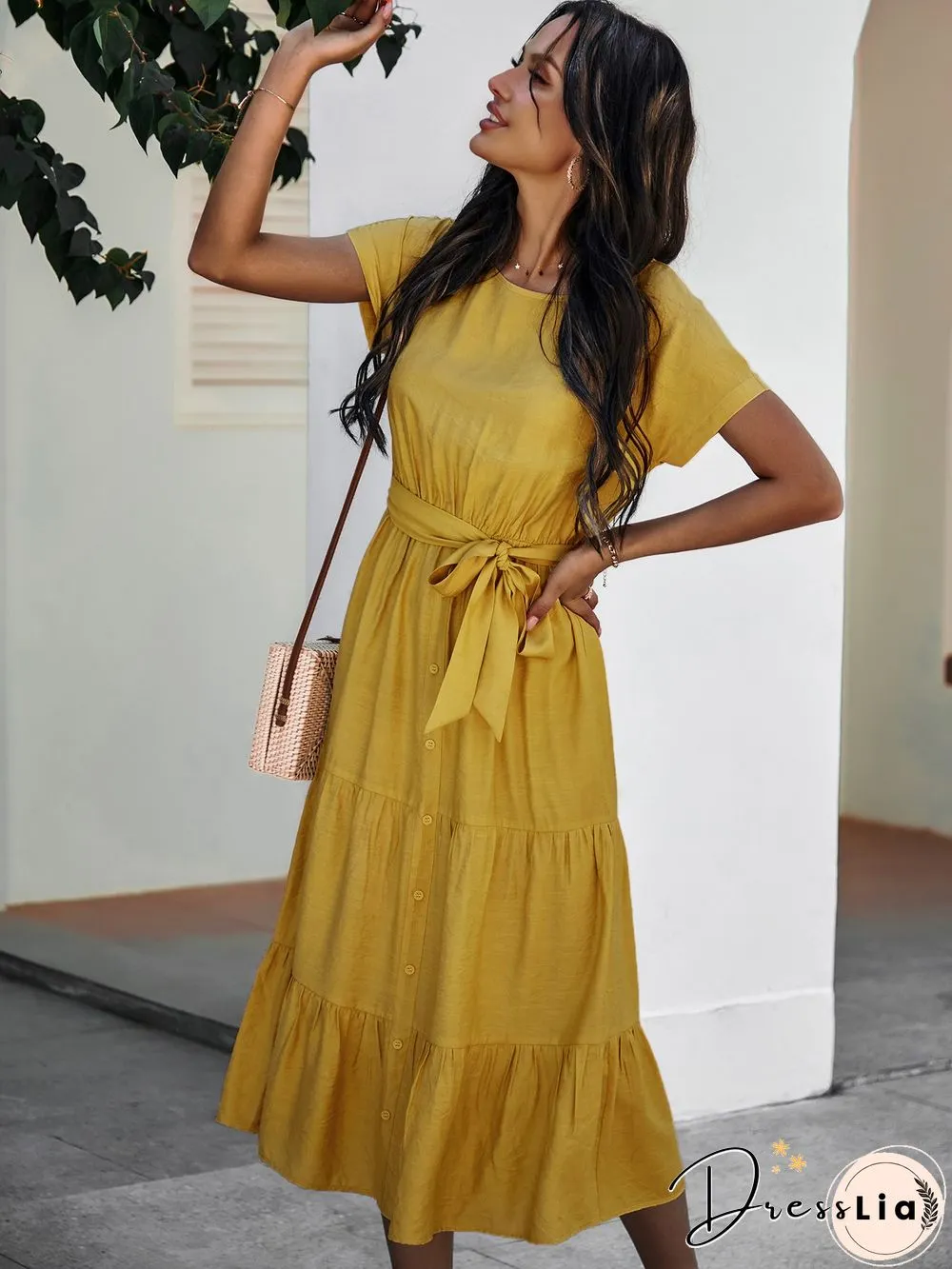 Short Sleeve Round Neck Wrap Tie Waist Maxi Dress