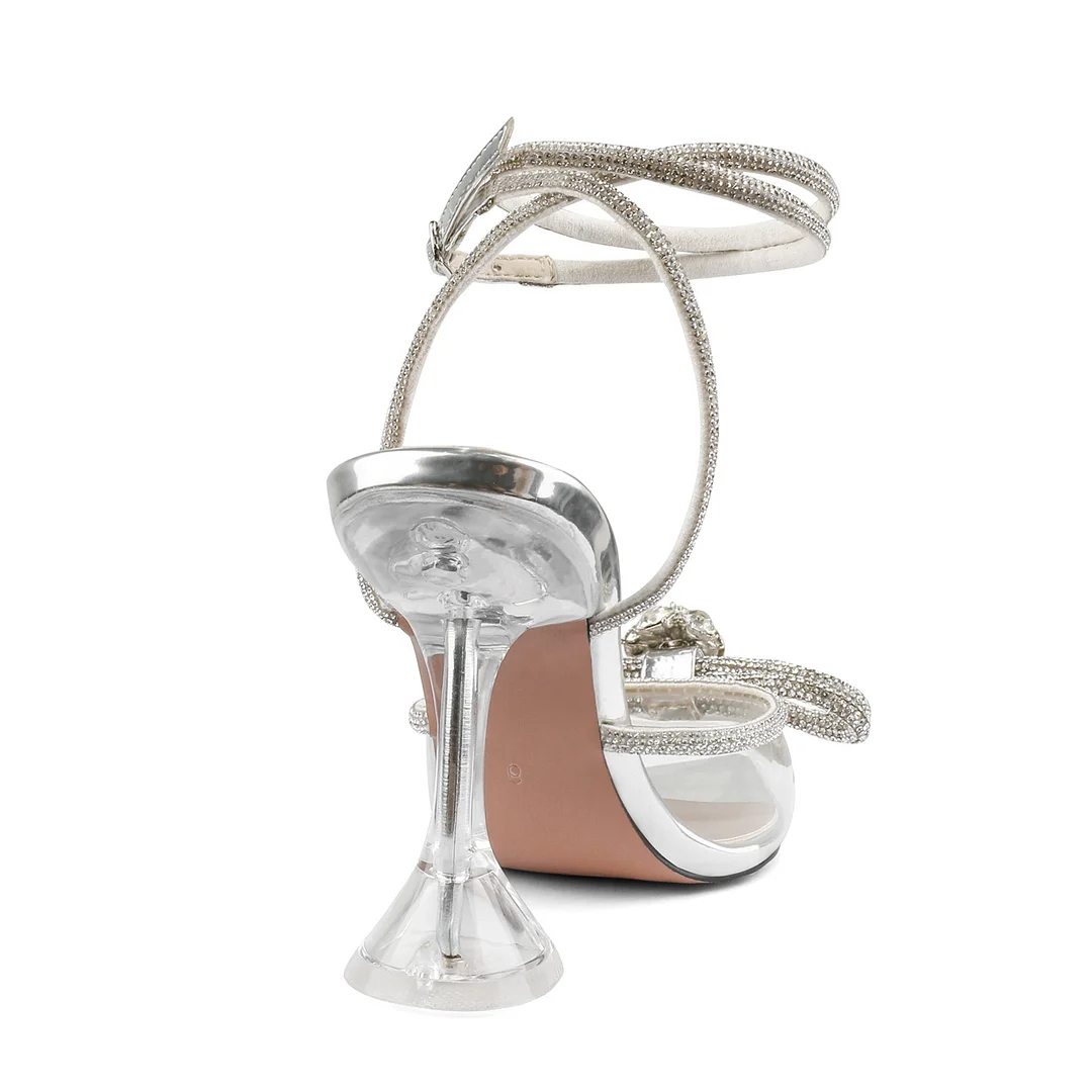 9.5cm/3.74 Double Bow Crystal High Pumps Pointed Toe Strappy Transparent Sandals Wedding Shoes