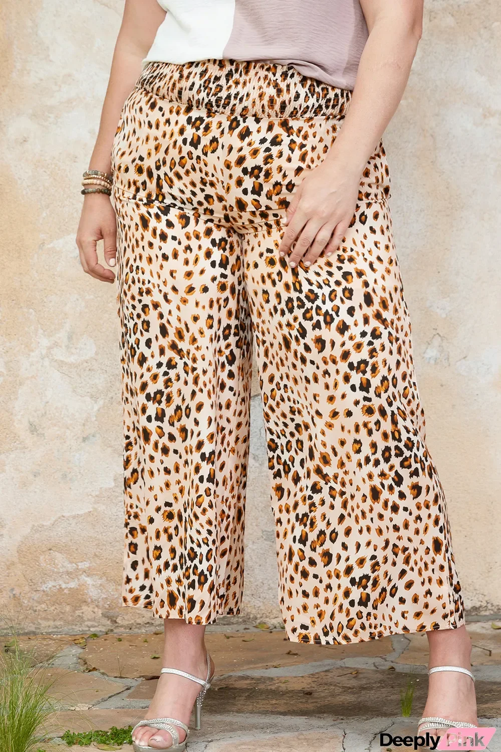 Leopard Plus Size Smoked High Waist Wide Leg Pants