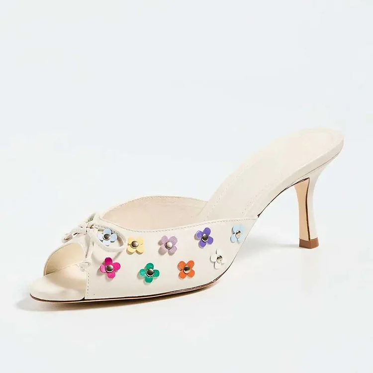 Beige Bow Decor Peep Toe Floral Studded Spool Heel Mules Shoes |FSJ Shoes