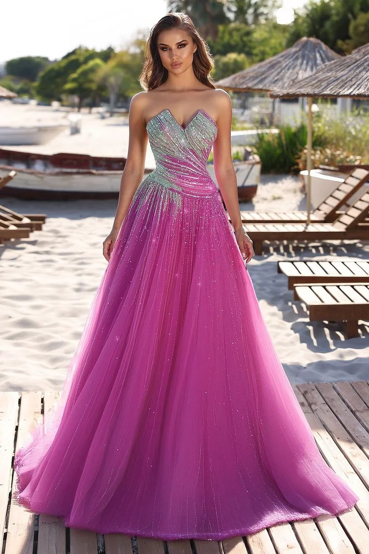 Hellodresses Charming Tulle Strapless Sleeveless Mermaid Long Prom Dress With Sequins