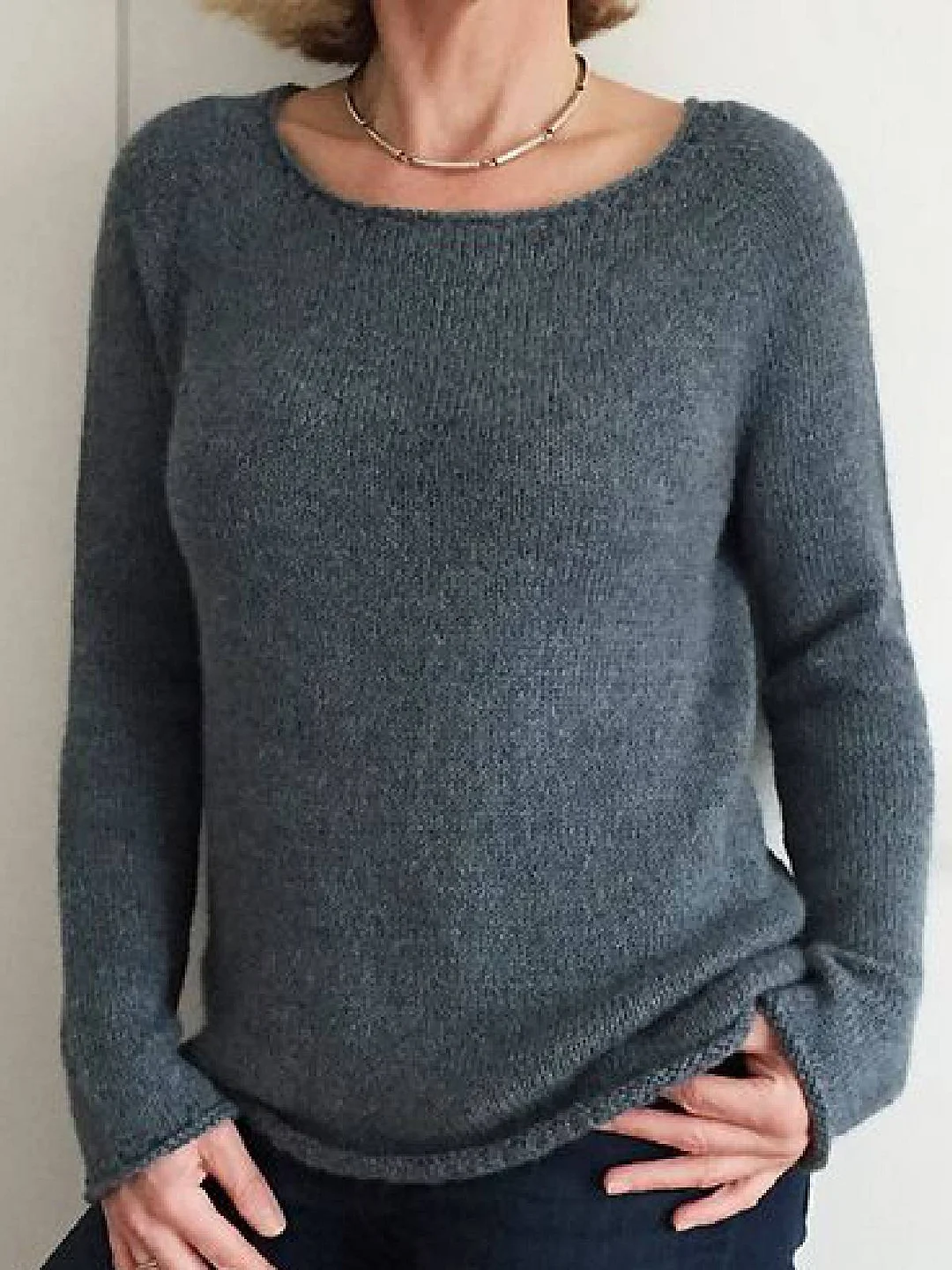 Gray Green Casual Solid Cotton-Blend Round Neck Sweater | EGEMISS