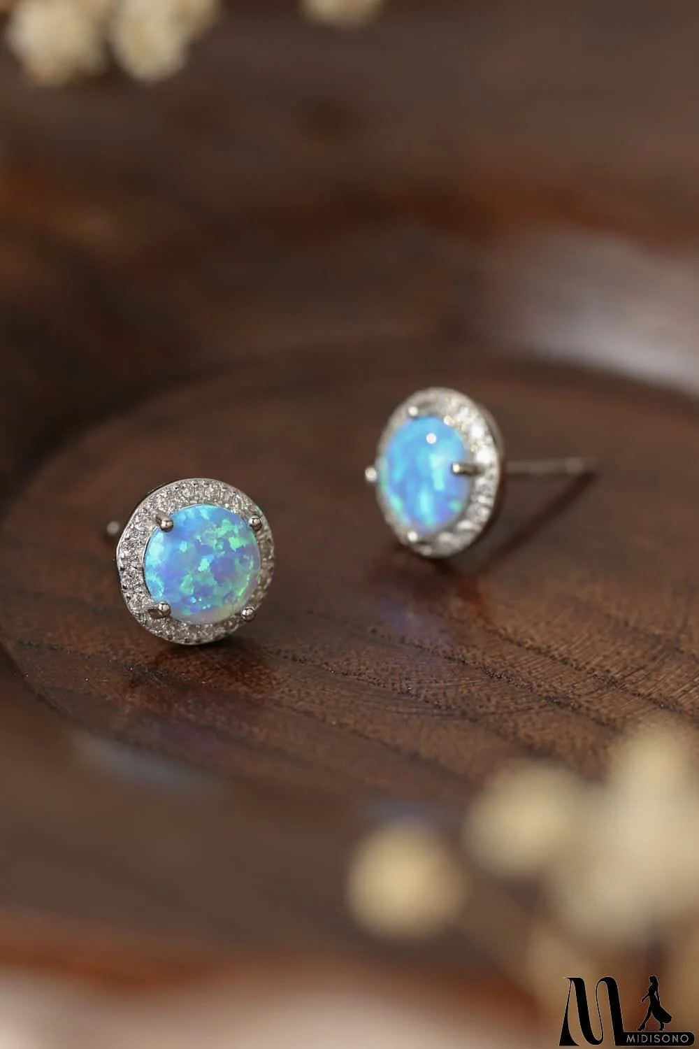 MidiSono - 925 Sterling Silver Platinum-Plated Opal Round Stud Earrings