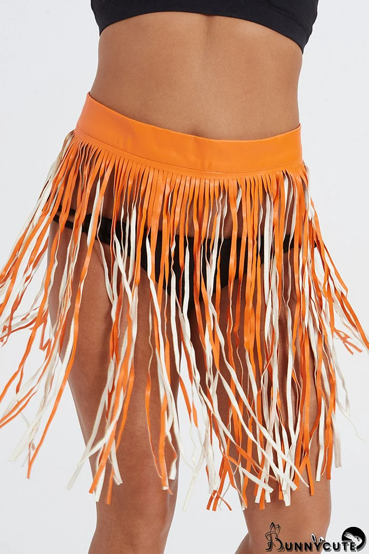 Orange Fashion Sexy Solid Tassel Patchwork Regular High Waist Skirt