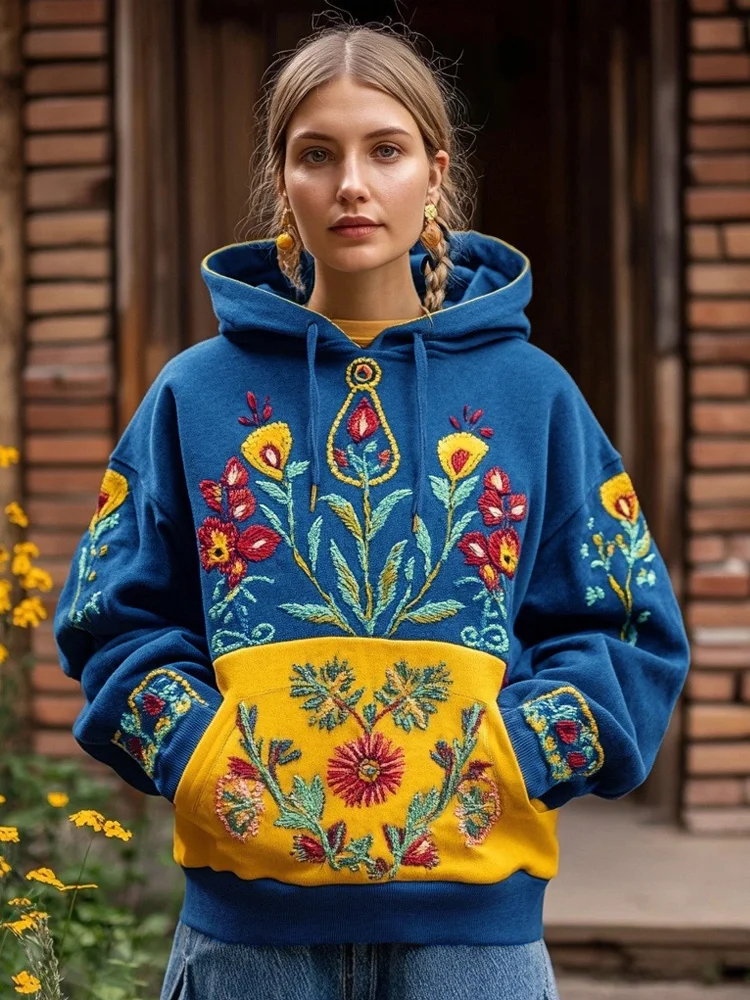VChics Ukrainian Folk Floral Embroidered Contrast Color Washed Hoodie