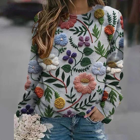 VChics Women's Floral Embroidered Print Sweatshirt