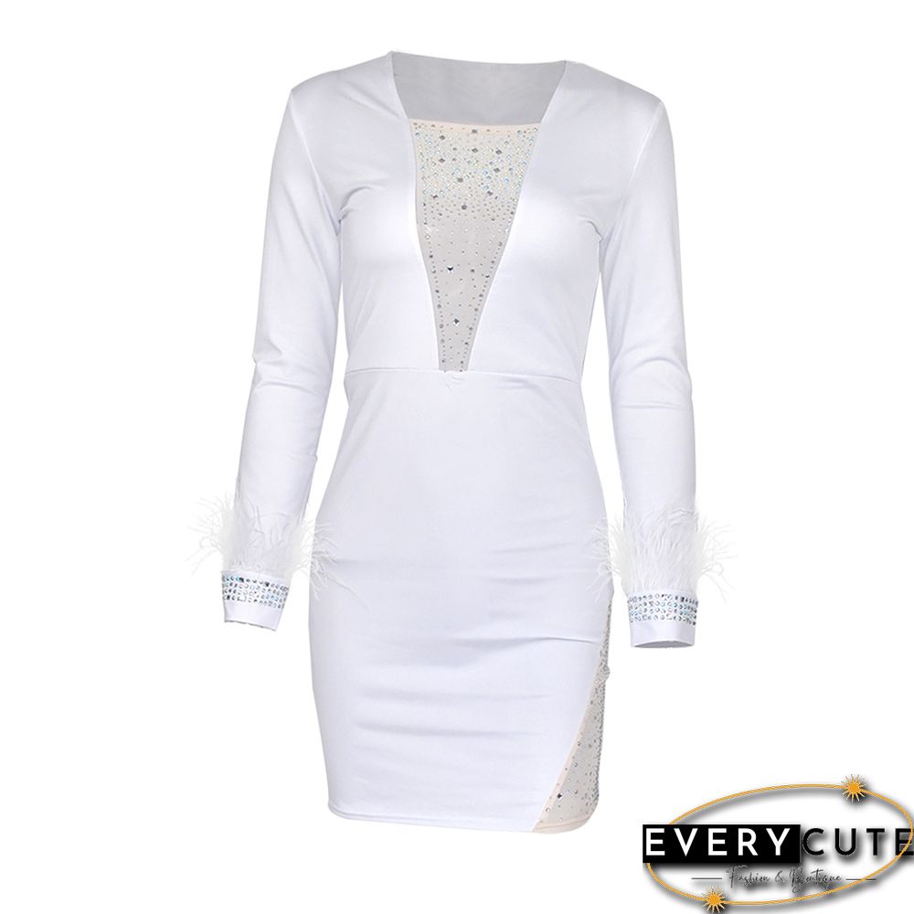 White Mesh & Rhinestones & Feather Detail Bodycon Dress