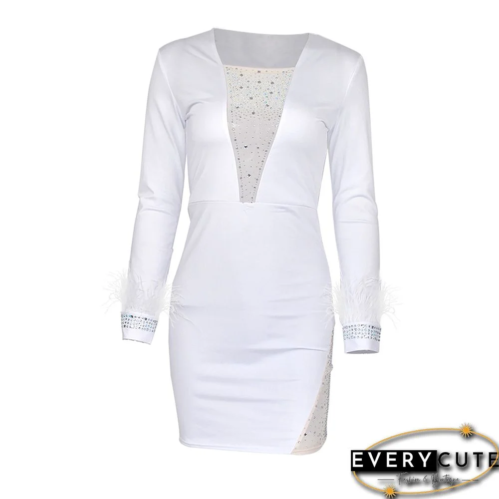 White Mesh & Rhinestones & Feather Detail Bodycon Dress