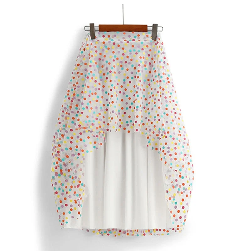 Huibahe Polka Dot Printed High Waist A-Line Mesh Skirts Women Elegant Y2K Mid Length Tulle Skirt QT1757