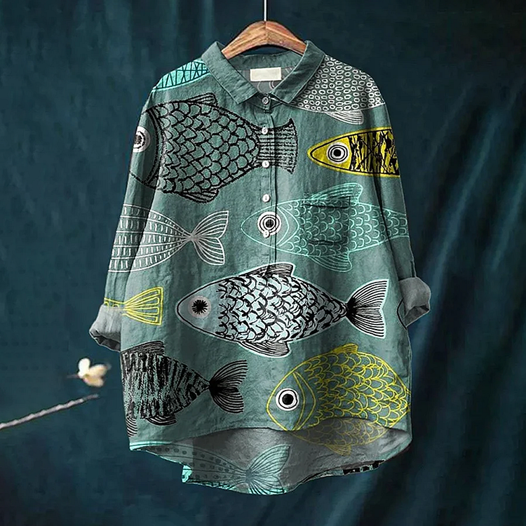 Women's Vintage Fish Art Printed Casual Shirt