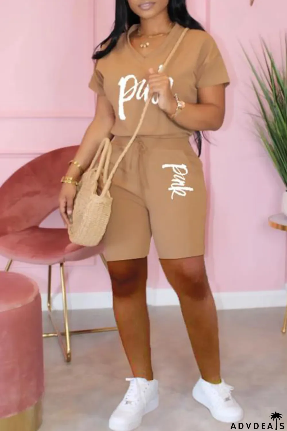 Apricot Fashion Casual Letter Print Basic V Neck Short Sleeve Two Pieces