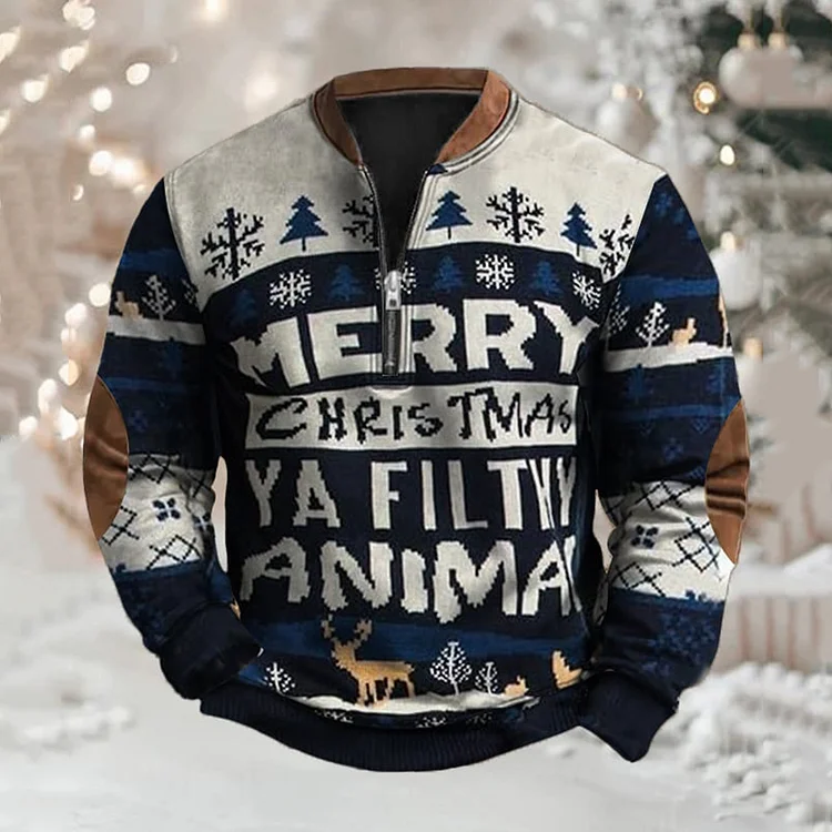 Men's Christmas Print Casual Zipper Sweatshirt