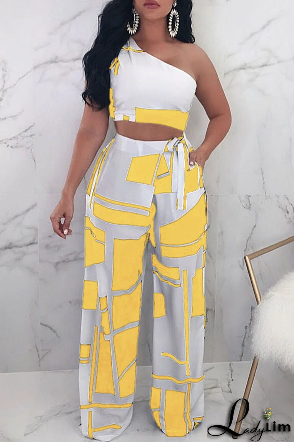 Black Sexy Casual Print Vests Pants One Shoulder Sleeveless Two Pieces