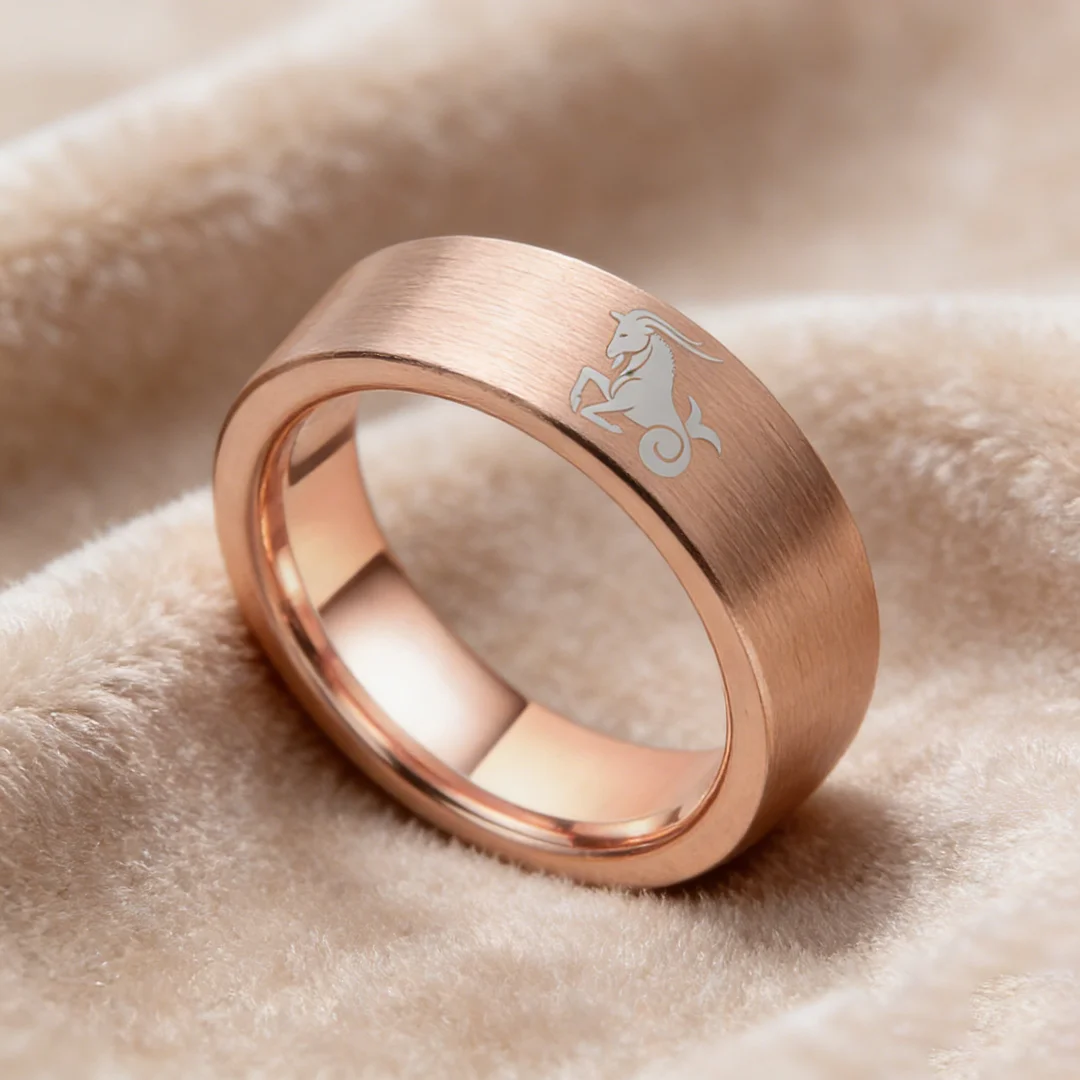 Men Women Rose Gold Capricorn Tungsten Carbide Rings Couple Wedding Bands Flat Comfort Fit 4MM 6MM 8MM Width
