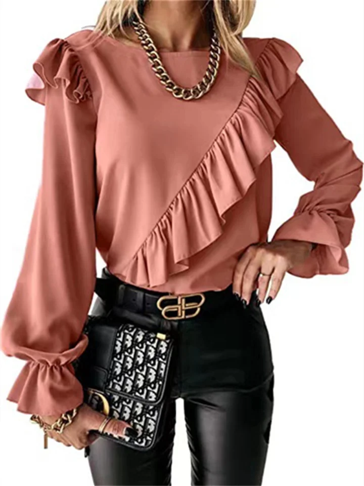 Elegant Pleated Trim Shirt Long Sleeve Round Neck Lock Hole Casual Solid Color Blouse Shirt Female-Cosfine