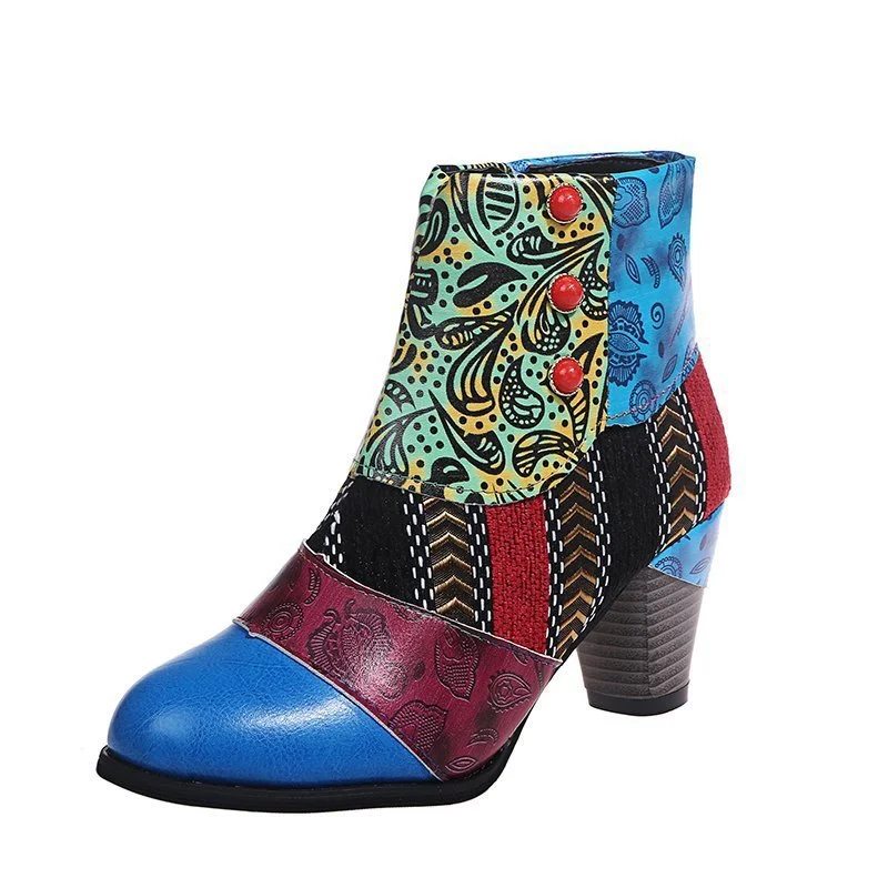Wongn Wongn Plus Size Bohemian Female Martens Ethnic Style Casual Vintage Stitching High Heel Short Leather Boots