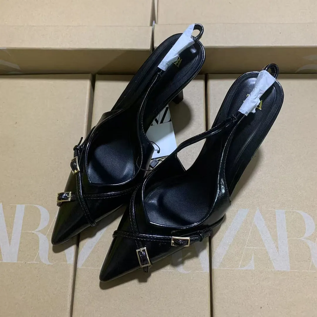Breakj Breakj French Black High-Heeled Sandals Women's Shoes 2025 New Summer Temperament Famous Pointy-Headed Single Shoes
