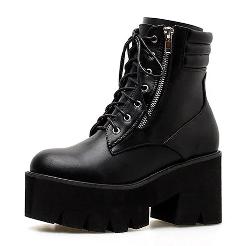 Gdgydh Wholesale Autumn Ankle Boots For Women Motorcycle Boots Chunky Heels Casual Lacing Round Toe Platform Boots Shoes Female