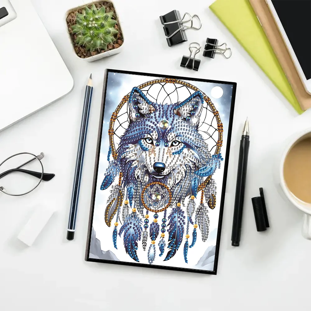 Animal Diamond Painting Notebook DIY Diamond Art Diary Book(Dreamcatcher Wolf B)