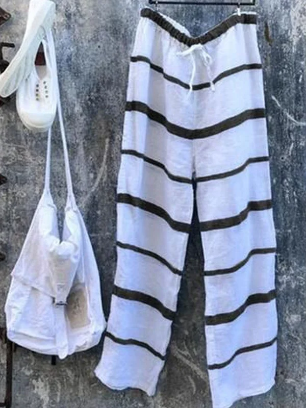 casual simple striped cotton linen women's pants