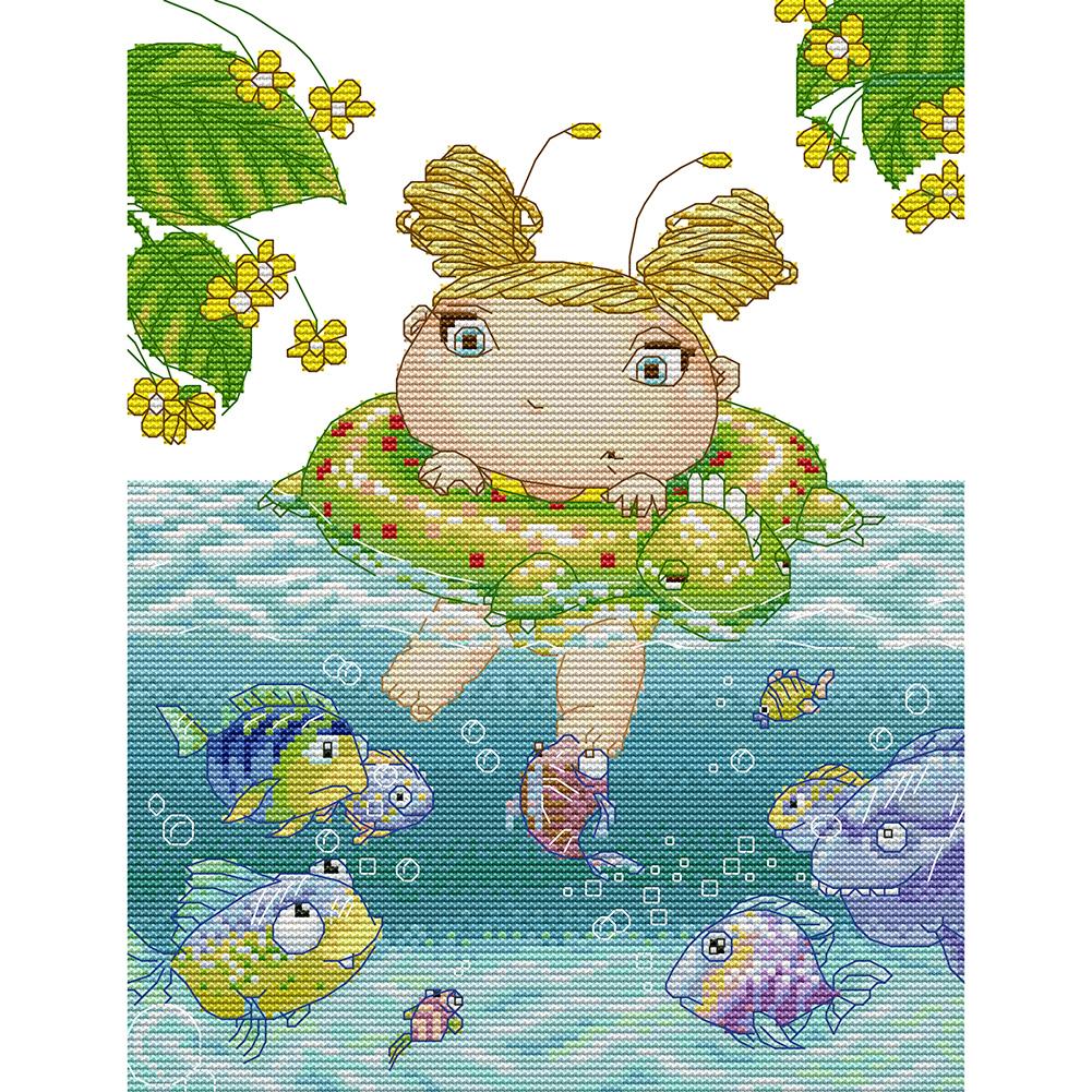 

28*34CM - 14CT Stamped Cross Stitch - Elf Learns To Swim, 501 Original