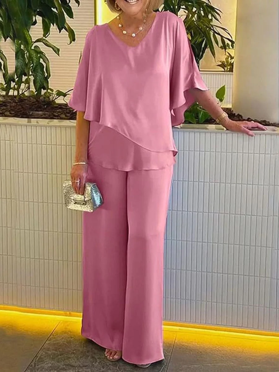 Women's Solid Color Casual Elegant Stylish V-neck Irregular Hem Large Size Suit
