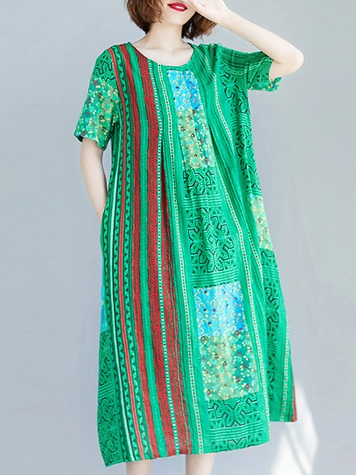 Red Striped Print Short Sleeve Dress