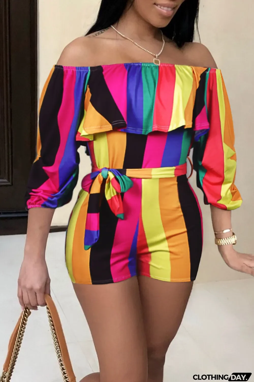 Rainbow Color Casual Print Split Joint Off the Shoulder Straight Jumpsuits