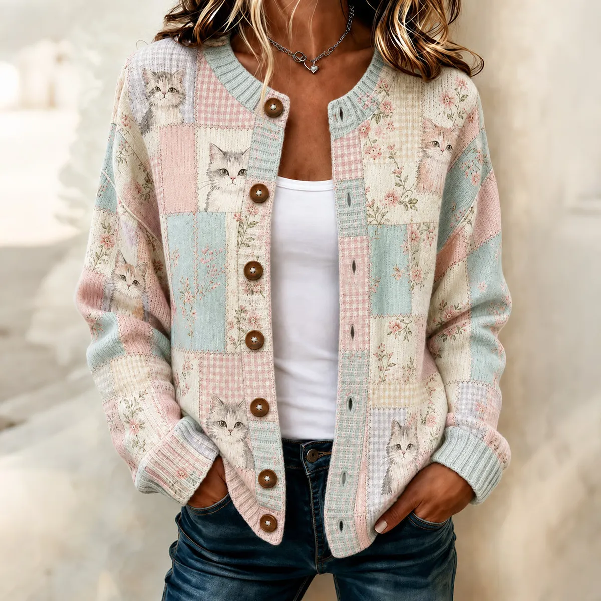Comstylish Women's Resort Color Block Floral Cat Print Crew Neck Cardigan