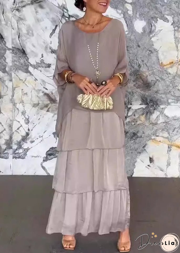 Loose Grey O Neck Solid Chiffon Long Dress Half Sleeve