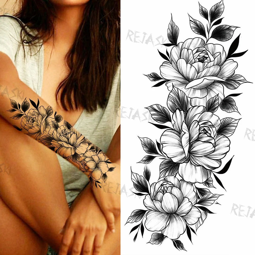 Sexy Snake Flower Fake Temporary Tattoo For Women Black Sunflower Tattoos Bloosom Big Daisy Camellia Water Transfer Tatoos Legs
