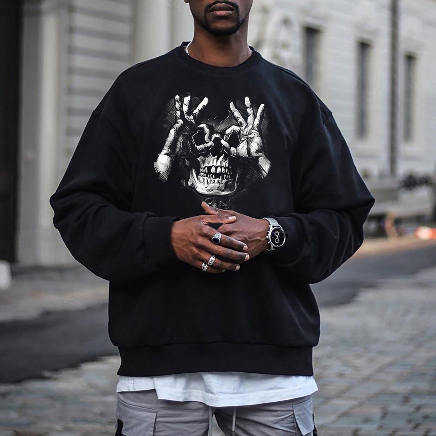 Skull with OK Gesture Graphic Black Print Sweatshirt