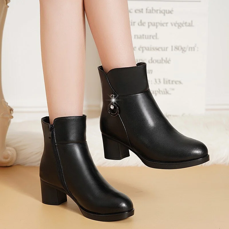 Qengg NEW Fashion Soft Leather Women Ankle Boots High Heels Zipper Shoes Warm Wool Winter Boots for Women Plus Size 35-41