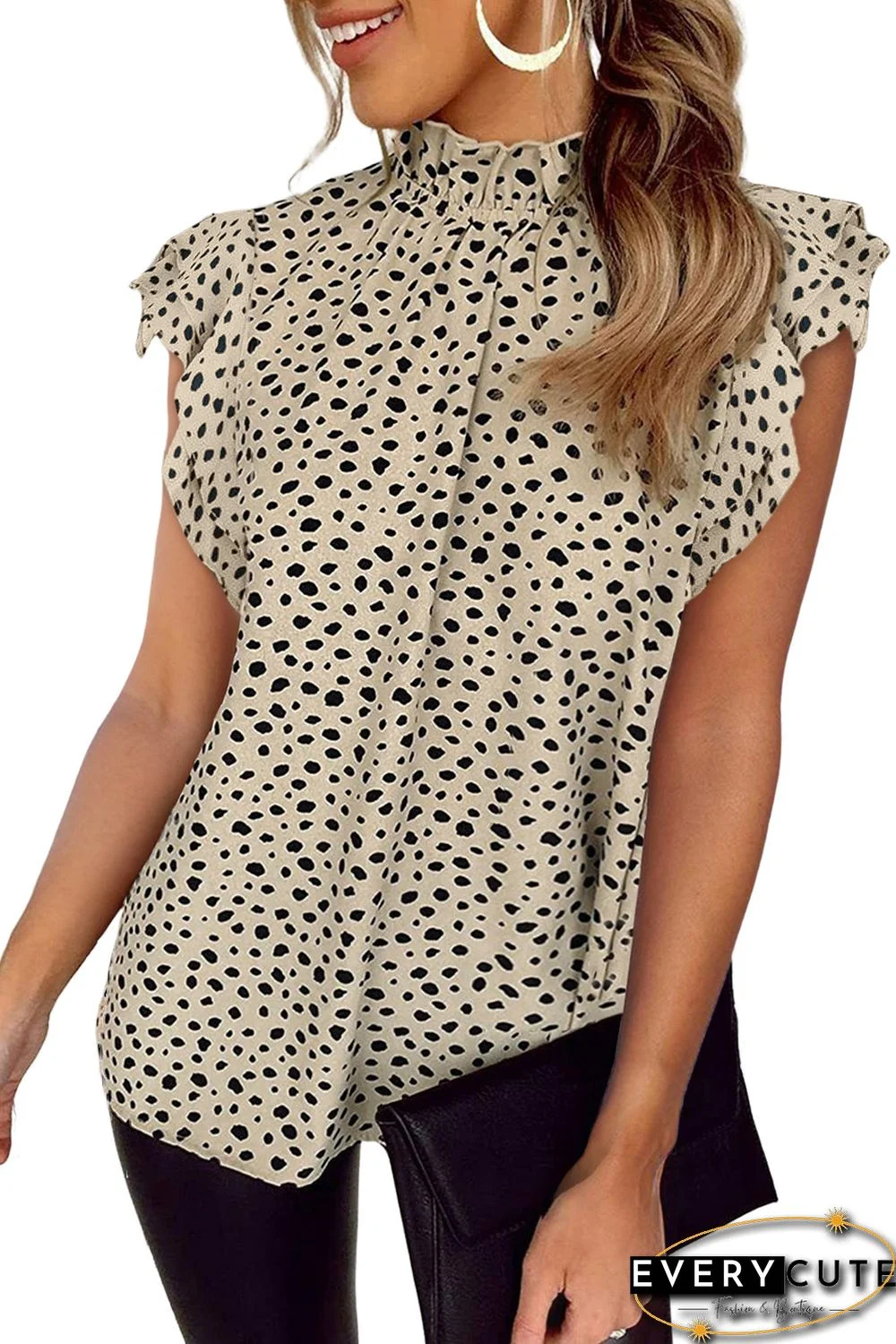 Leopard Ruffle High Neck Flowy Blouse