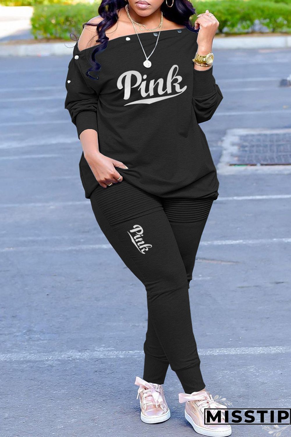 Green Fashion Casual Letter Print Basic Oblique Collar Long Sleeve Two Pieces