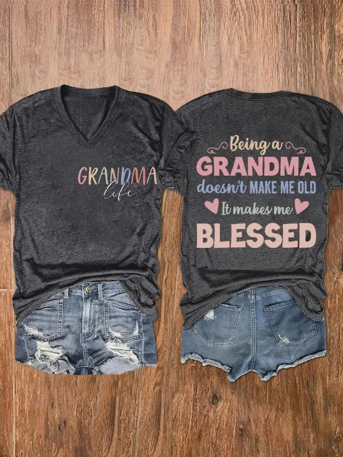 Women's Mother's Day Grandma Life Doesn't Make Me Old Print V-Neck T-Shirt socialshop