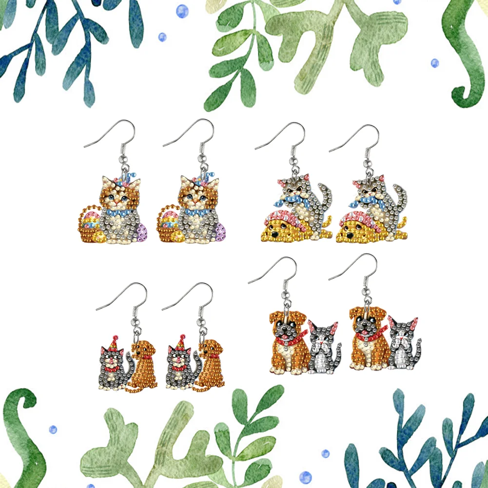 4 Pairs Cat Dog Double Sided Diamond Painting Earrings DIY Earrings Making Kit