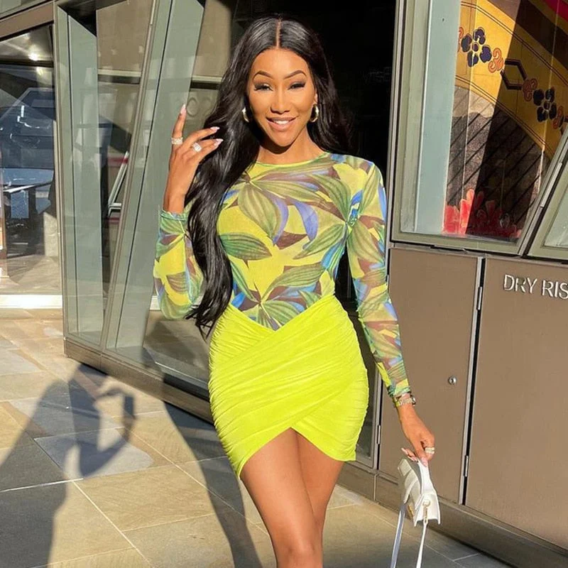 ANJAMANOR Sexy Long Sleeve Bodycon Dress Sets Mesh Bodysuit Ruched Mini Skirts Two Piece Set Club Outfits for Women D85-CG19